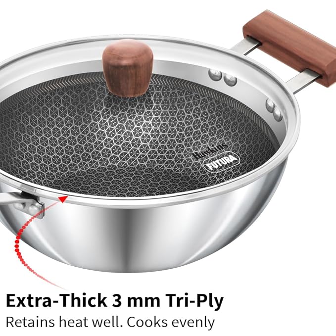 Hawkins 2.5 litre Deep Kadhai Triply Stainless Steel Shielded Nonstick Deep-Fry Pan with Rosewood Handle