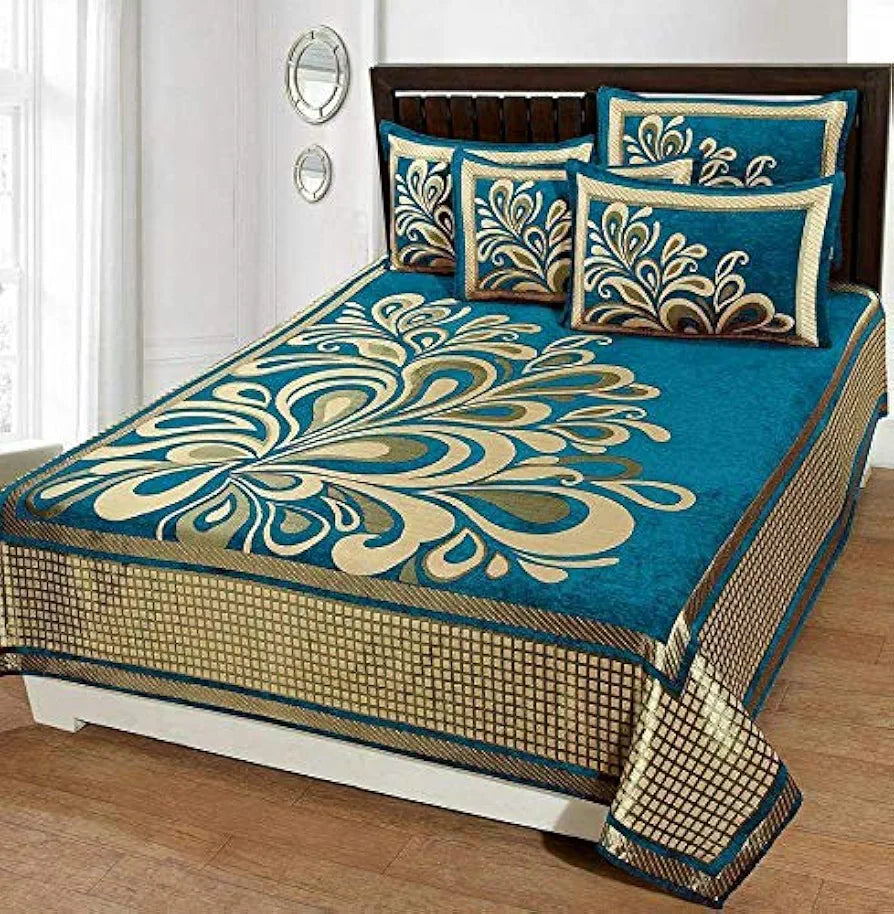 Fresh From Loom Chenille Velvet 500 TC Double Bed King Size Floral Bedsheet With 2 Pillow Cover Rangoli Aqua