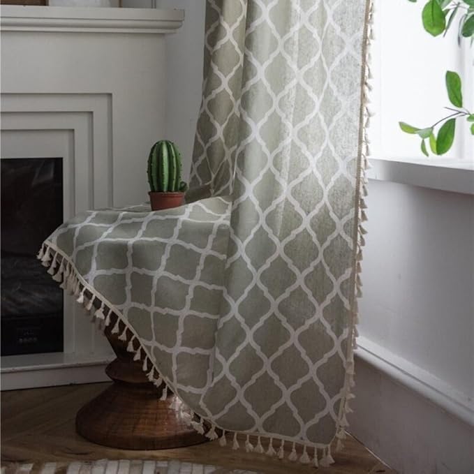 Huesland Cotton Curtains for Door, 9 Feet Long 1 Bohemian Eyelet Curtain | Quatrefoil Dessert Sage