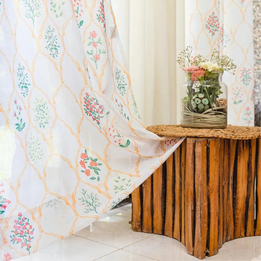 Urban Space Printed Sheer Linen Curtains for Door Light Filtering Linen Textured Decorative Curtains with Eyelets Set of 2 Floral Symphony