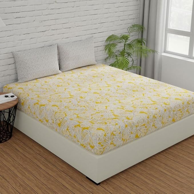Huesland by Ahmedabad Cotton 144 TC King Size Bedsheet Cotton with 2 Pillow Covers | Yellow & Grey