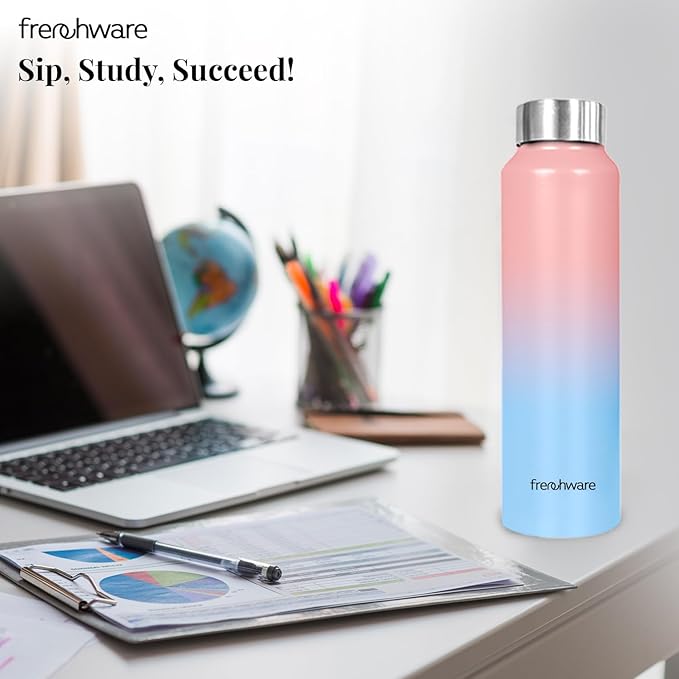 Frenchware Water Bottle 1 Litre, Stainless Steel, Premium SS 304, Sky-Blush | Easy-to-Clean