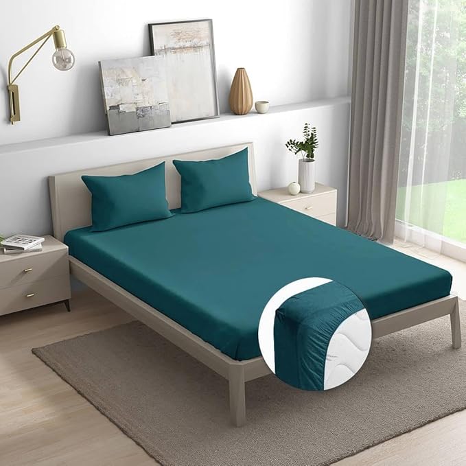 Wakefit Bedsheet for King Size Bedsheet King Size Bed Cotton 2 Pillow Covers Elastic Fitted Sheet Peacock Blue Colour
