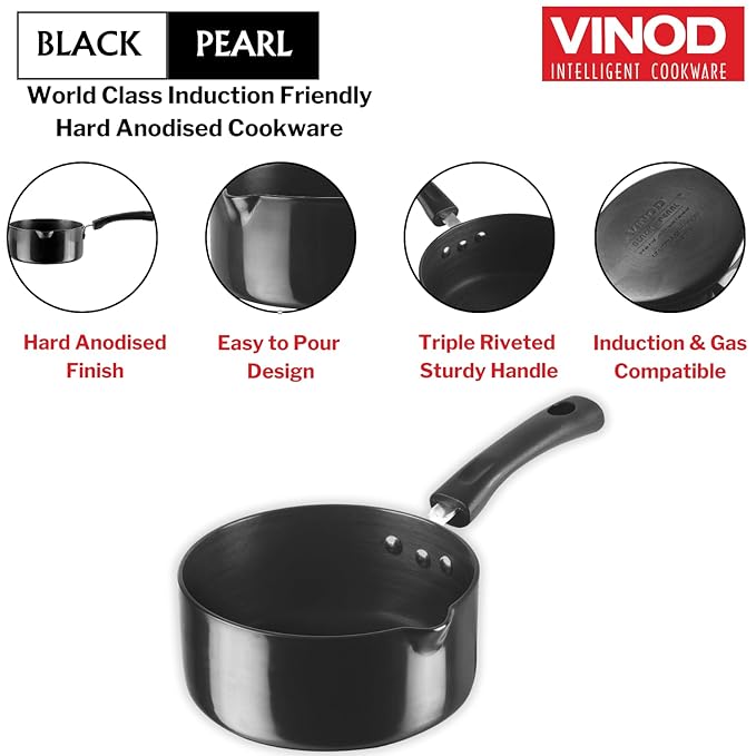 Vinod Black Pearl Hard Anodised Saucepan 1.1 Litres | 14cm | 3.25mm Thick | Metal Spoon Friendly | Ezee Pour Spout | Bakelite Handle