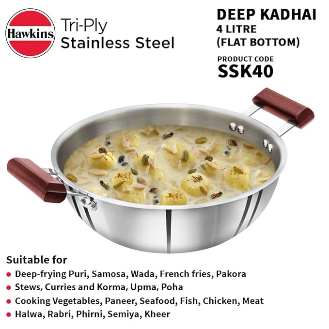 Hawkins 4 Litre Deep Kadhai Triply Stainless Steel Kadai Flat Bottom Induction Kadhai