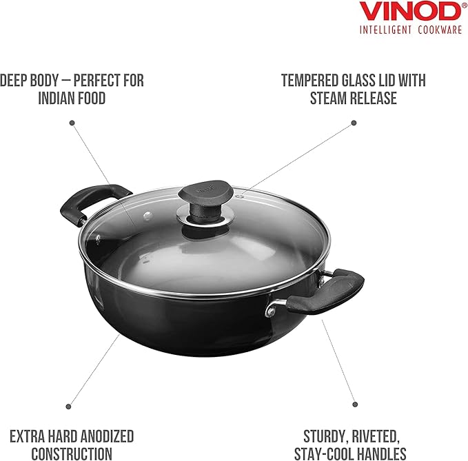 Vinod Black Pearl Hard Anodised Non Stick Deep Kadhai with Glass Lid - 3.1 LTR, 24 cm | 3.25mm Thickness | kadai for Cooking