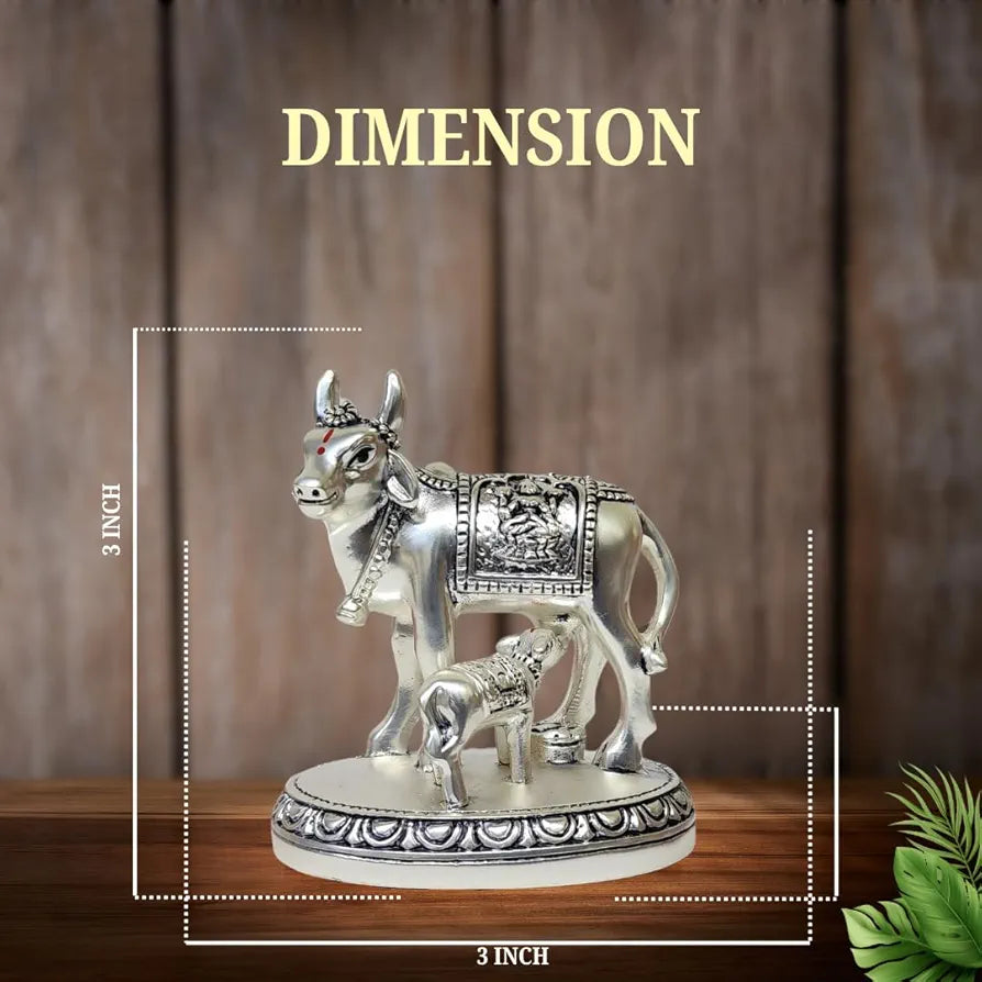 Gold Art India Kamdhenu Cow and Calf Idol Silver Matte Finish Decorative Murti 7.62 cm x 7.62 cm