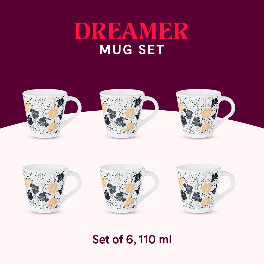 Larah by Borosil Novelty Series Dreamer Opalware Mug | Set of 6 Tea/coffee Mugs | 110 Ml Each