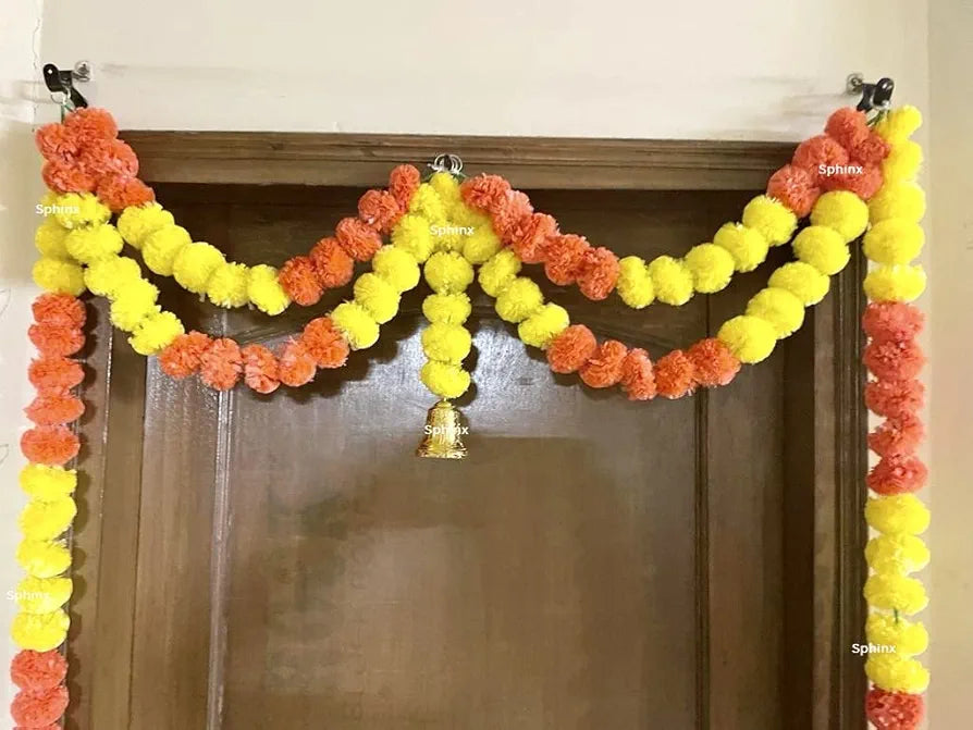 Artificial Marigold Fluffy Flowers Garlands Door Toran Set/Door Hangings Yellow and Dark Orange Patterned
