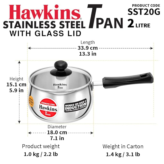 Hawkins 2 Litre Tpan Stainless Steel Tea Pan with Glass Lid
