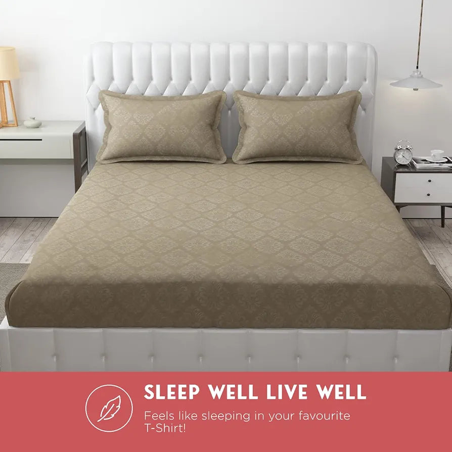 Fresh From Loom Single Bed Bedsheet Microfiber Rotary Printed with 1 Pillow Covers 144 TC Dark Beige Damas