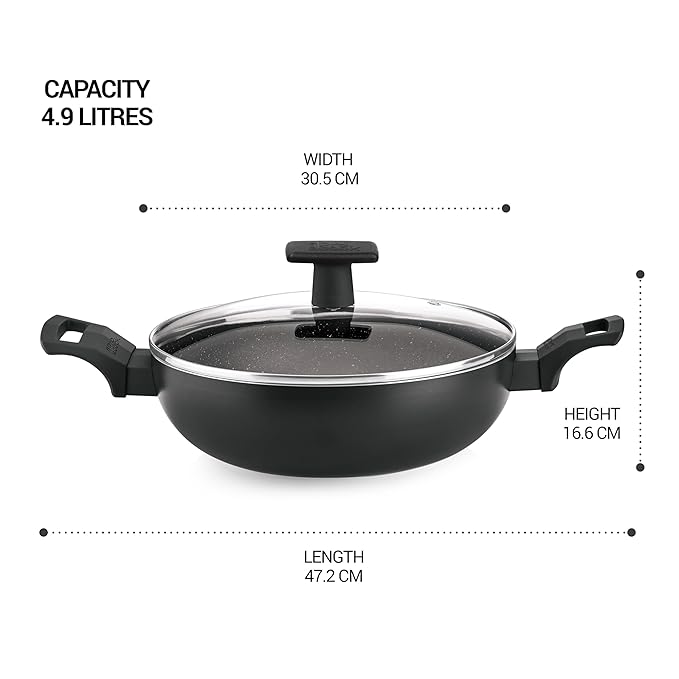 Milton Pro Cook Granito Induction Kadhai With Glass Lid, 30 Cm / 4.9 Litre, Black - 2020 gms