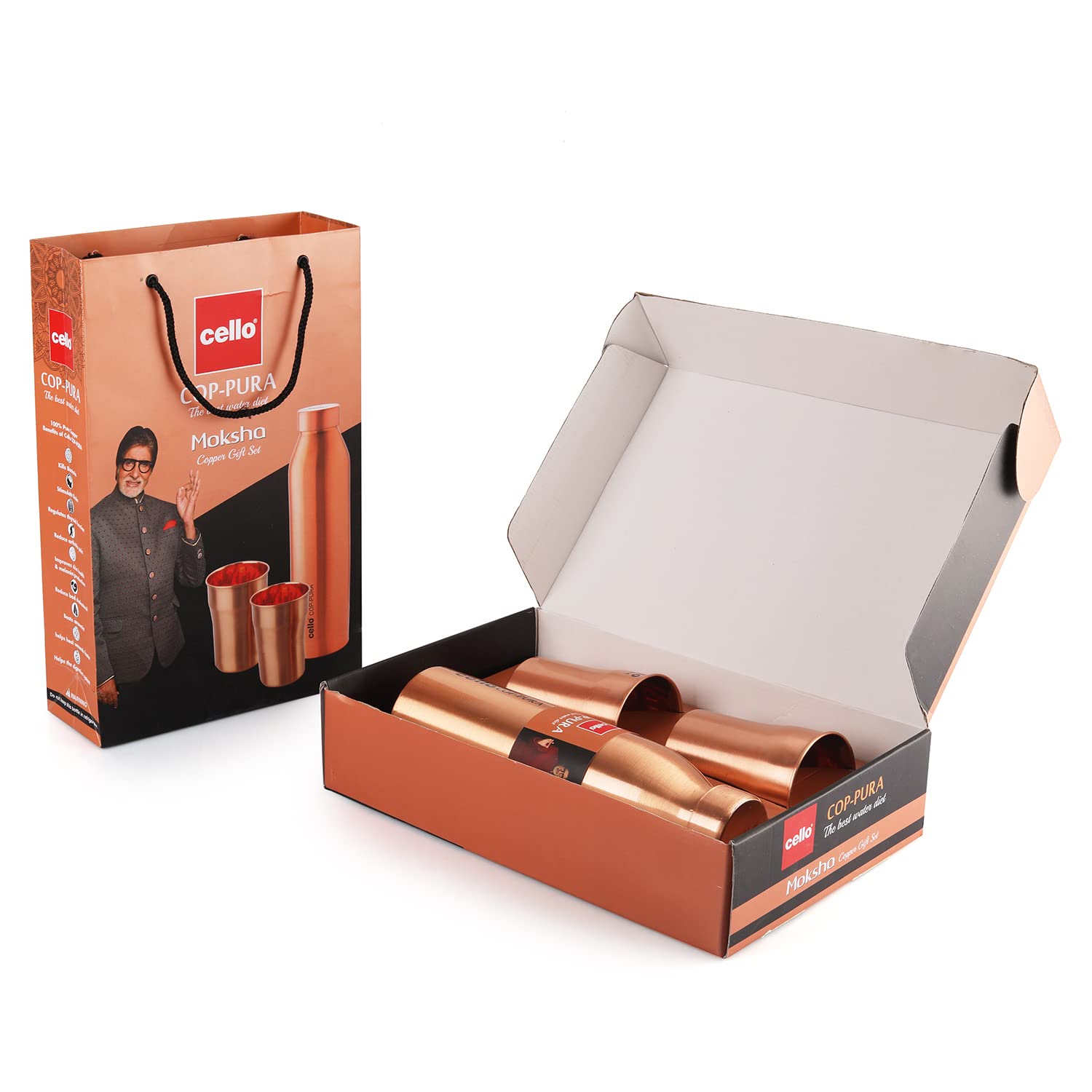 Cello Cop-pura Moksha Copper Bottle Gift Set with Glasses
