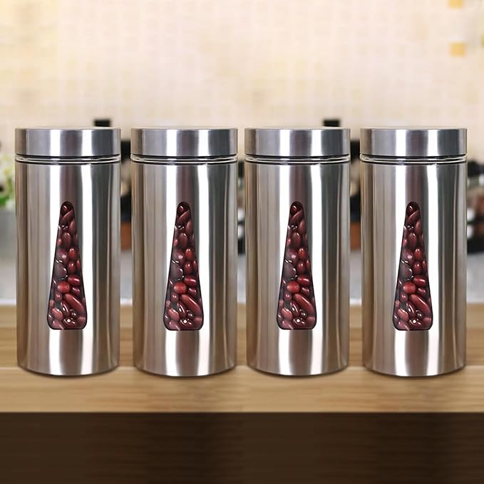 Femora Kitchen Storage Jars Steel Finish With See Through Window Jar | 1300 Ml | Set of 4