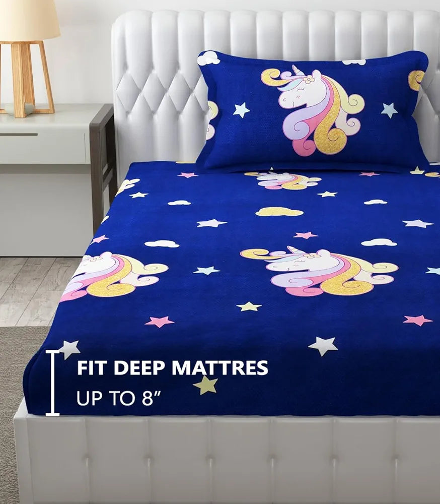 Fresh From Loom 300 TC Elastic Fitted Bed Sheet Cartoon Printed Bedsheets For Kids With 1 Pillow Cover Dinosaur Blue Smallsingle