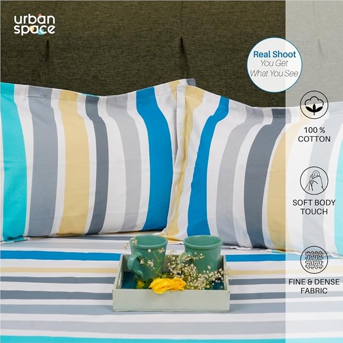 Urban Space Serene Bedsheet for Double Bed 2 Pillow Covers (Colour Multicolour Stripes Blue)