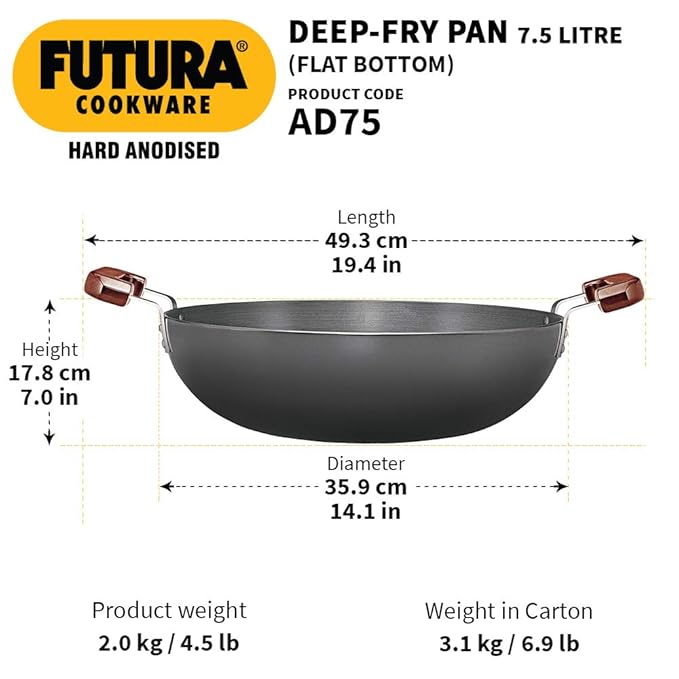 Hawkins Futura 7.5 Litre Deep Fry Pan Hard Anodised Kadai Flat Bottom Kadhai