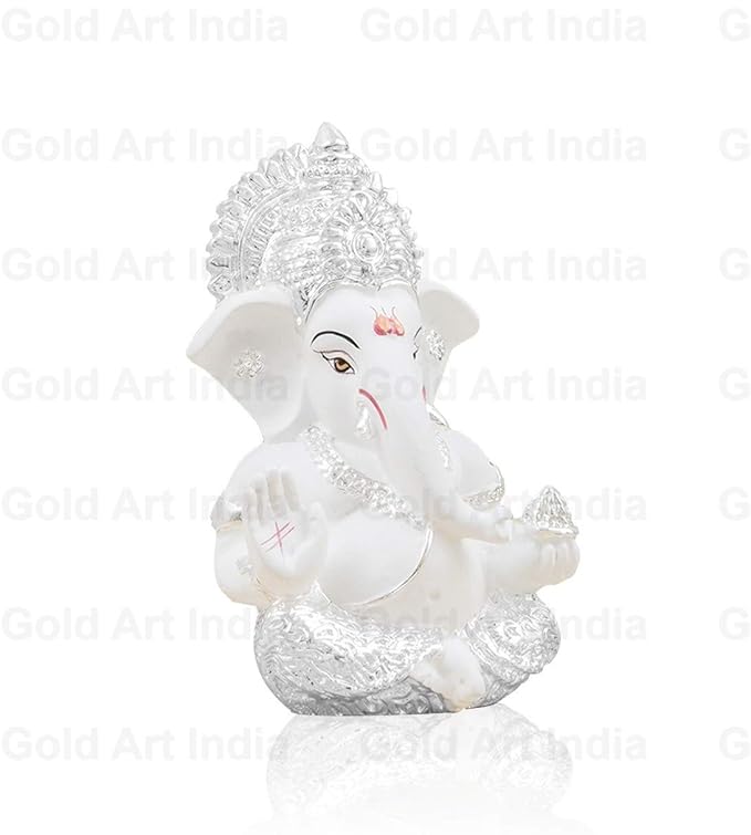 Gold Art India Silver Finish Ganesh Idol For Car Dashboard Ganesha Murti For Home Decor