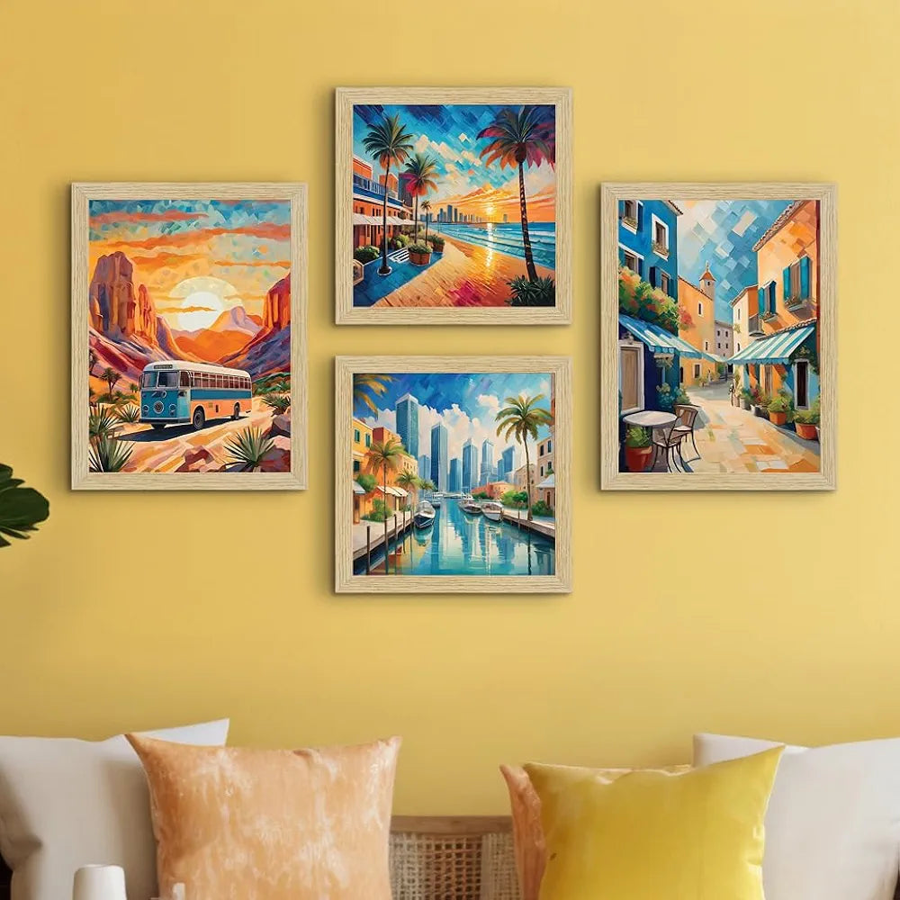 ArtX City Sunrise Paintings with Frame Abstract Multicolor Set of 4