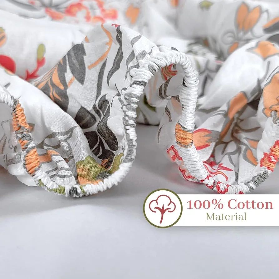 Divine Casa 144 Tc Cotton Floral Print King Size Double Bed Elastic Fitted Bedsheet With 2 Pillow Cover Colour Galaxy Peach