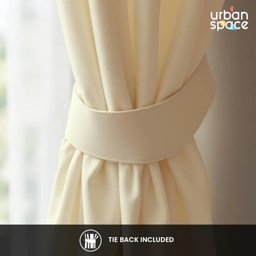 Urban Space Blackout Curtains for Window 5 Feet Set of 2, Thermal Insulated Curtains with Eyelets and Tiebacks, Solid Curtain Soft Beige Colour