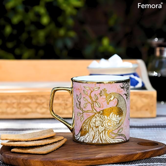 Femora Premium Pink Peacock Pattern Golden Ceramic Coffee & Tea Cup Set of 6 | 180 Ml | Pink
