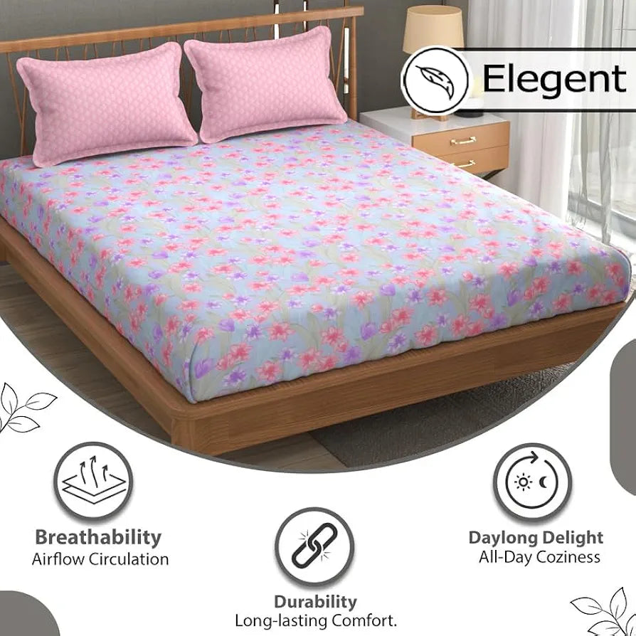 Fresh From Loom Floral XXL Microfiber Soft Cotton 240 TC King Size Hypoallergenic Bedsheet for Double Bed with 2 Pillow Cover Tropical Blue