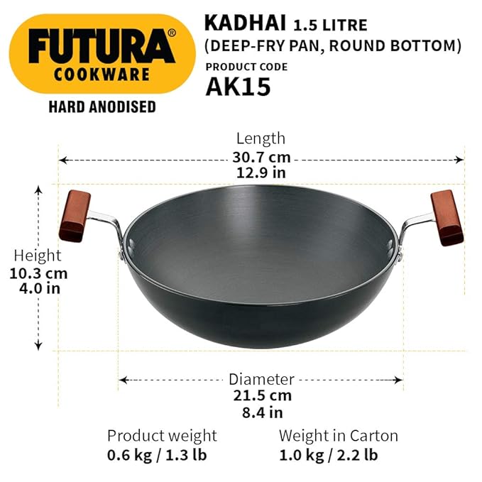 Hawkins Futura 1.5 litre Deep Fry Pan Hard Anodised Round Kadai
