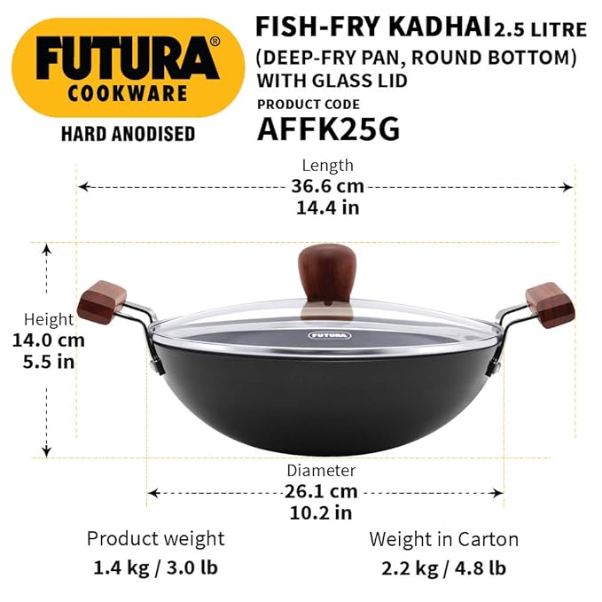 Hawkins Futura Hard Anodised Deep-Fry Pan 2.5L, 26 cm, 3.25 mm with glass lid