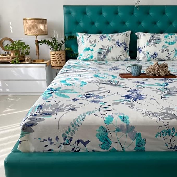Urban Space Serene Cotton Bedsheet for Double Bed 2 Pillow Covers (Floral Feast Turquoise Blue)
