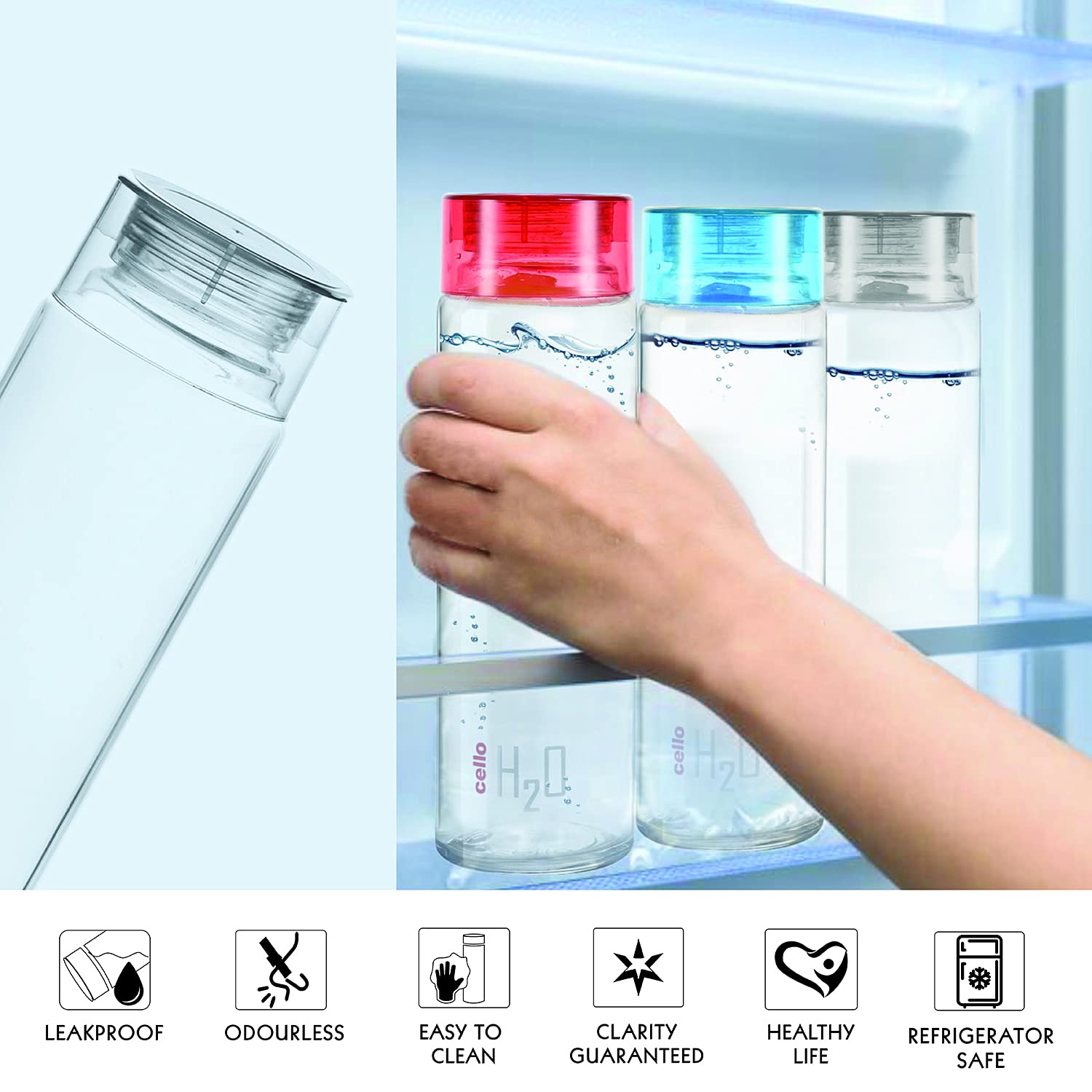 Cello H2o Glass Fridge Water Bottle With Plastic Cap | 920 Ml | Set of 6 | Black