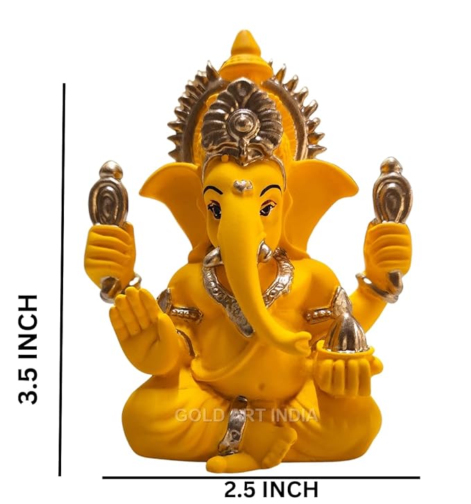 Gold Art India Handcrafted Mango Terracotta Ganesha with Golden Jewelry for Car Dashboard Home Office Decor