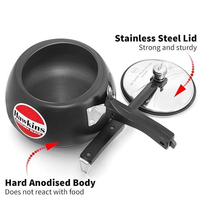 Hawkins 3 Litre Contura Black Pressure Cooker Hard Anodised Inner Lid Handi Cooker Black
