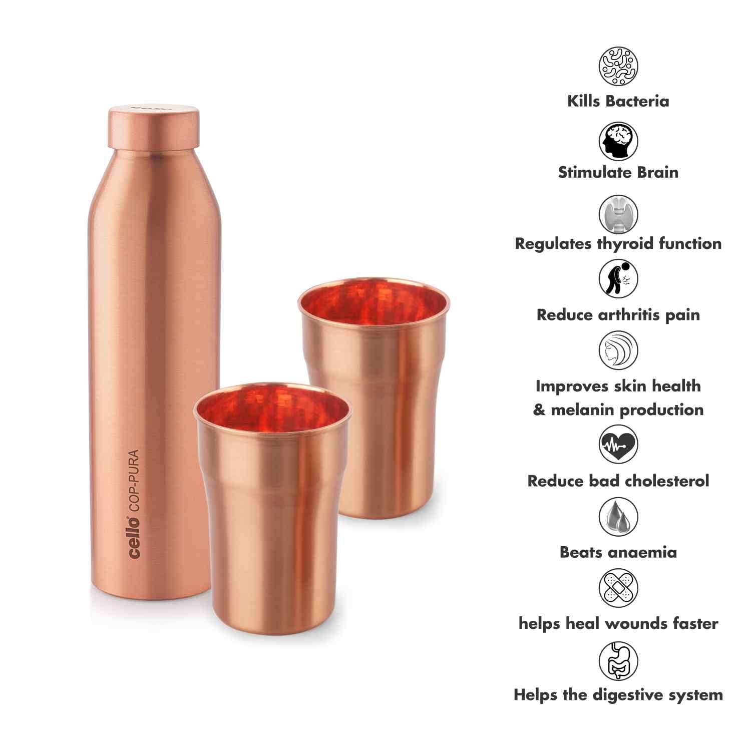 Cello Cop-pura Moksha Copper Bottle Gift Set with Glasses