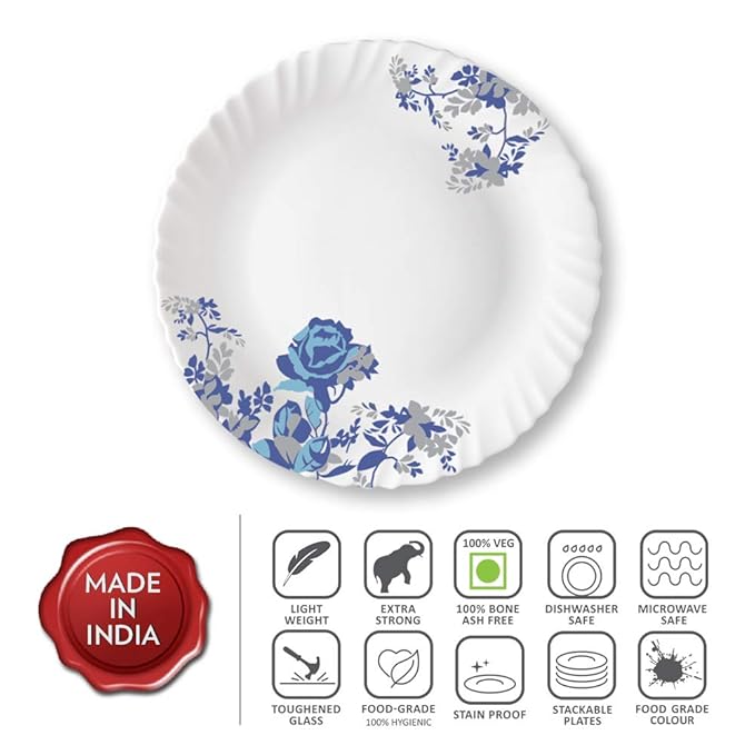 Larah by Borosil Opalware Blue Cascade Full Plate | White | 11 Inch | Set of 6