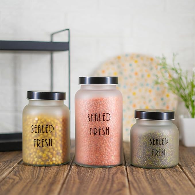 Femora Kitchen Storage Jars Frosted Glass Jar With Steel Lid Air Tight Jar | 1500 Ml | Pack of 2 | Black Lid