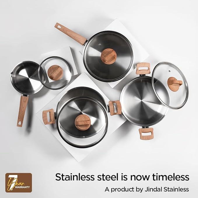 Arttdinox Timber Triply Stainless Steel Kadai | Steel Kadai for Cooking | Triply Kadai With Lid | 22cm | 2.1ltrs | Silver