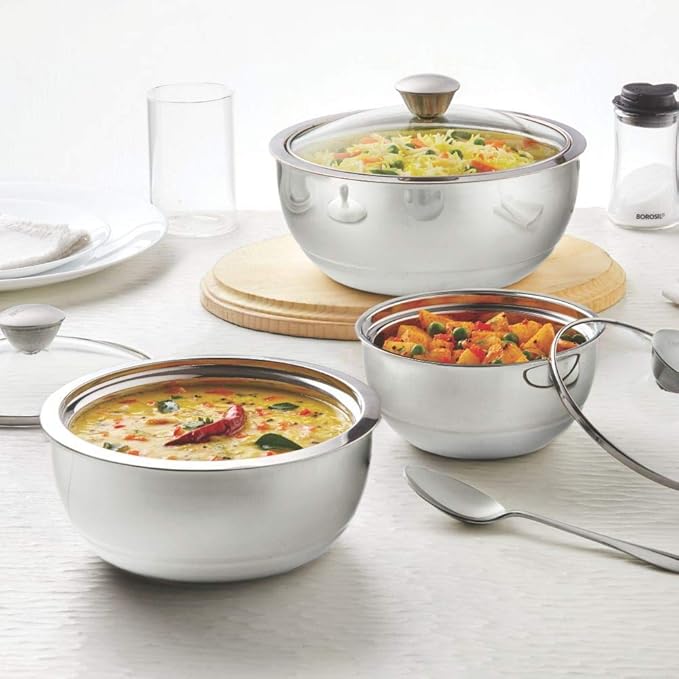 Borosil Stainless Steel Curry Server | Silver | 500ml, 900ml, 1.5l | 3 Piece Set