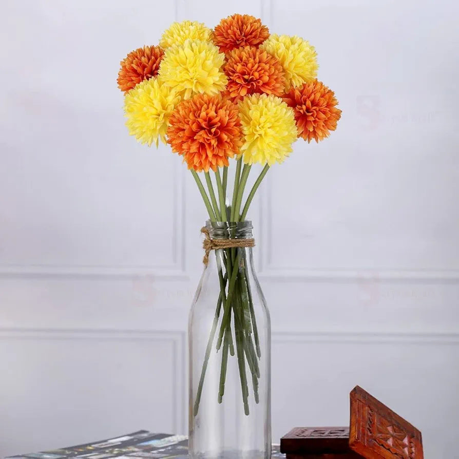 Artificial Chrysanthemum Hydrangea Ball Flower Sticks Yellow Orange
