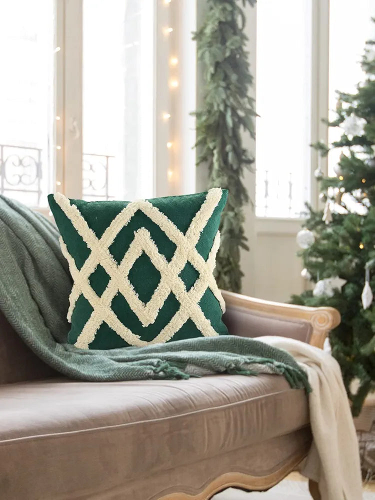 Sashaa World Cotton Cheer Tufted Cushion Cover Ideal For Sofa Ivory & Green