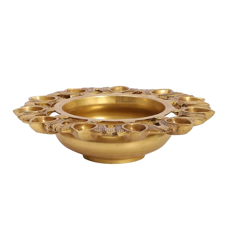 Two Moustaches 9.5 Inches Brass Urli Bowl with Lotus Design 11 Diyas Urli for Flowers