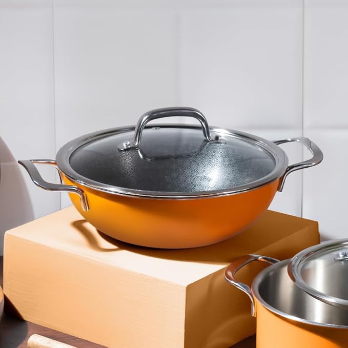 Arttdinox Vida Triply Stainless Steel Kadai | Non Stick Kadhai | Kadai With Lid for Cooking | Induction Kadai | 24cm | 2.7 Ltr