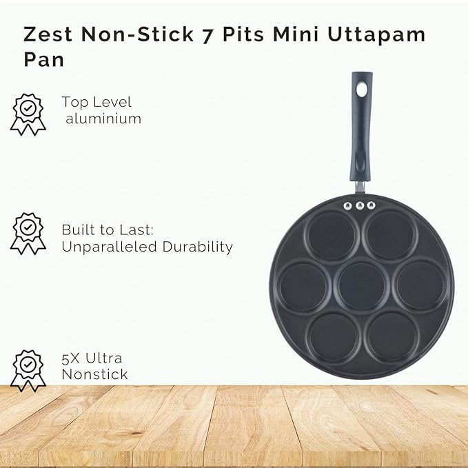 Vinod Zest Aluminium Non Stick Mini Uttapam Pan - 7 Cavaties, 26 cm | 3mm Thick | 3 Layer Coating | Bakelite Handle
