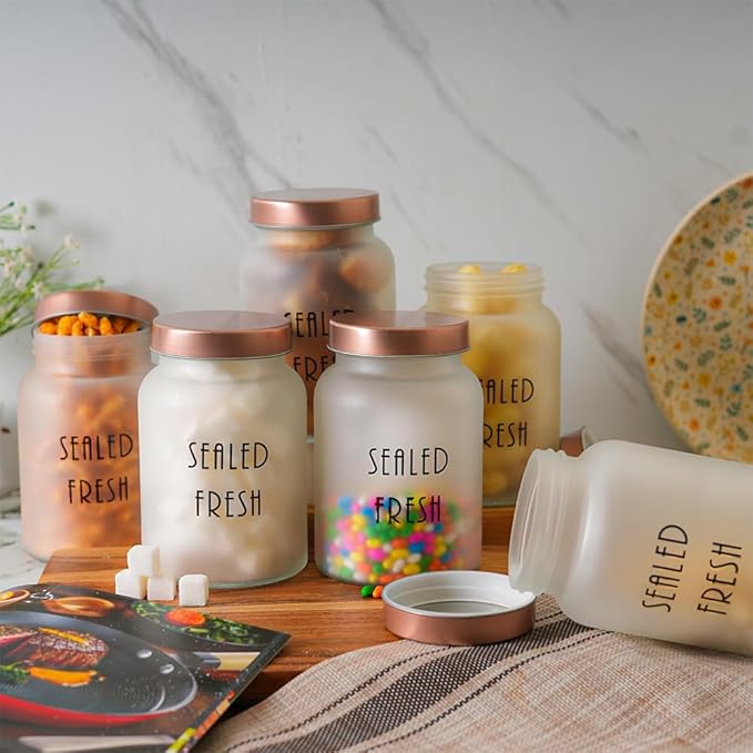 Femora Kitchen Storage Jars Frosted Glass Jar With Steel Lid Air Tight Jar | 1000 Ml | Pack of 2 | Golden Lid