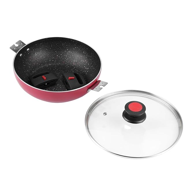 Vinod Popular Aluminium Non Stick Kadai With Detachable, Removeable Handles - 2.5 Litres | 24 Cm | 3 Mm Thick | Kadhai With Glass Lid