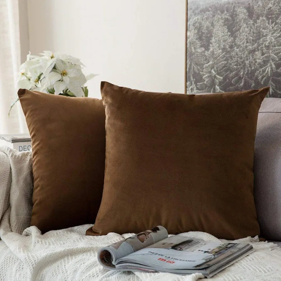 Aerohaven Premium Velvet Reversible Decorative Throw Pillow/Cushion Covers with Invisible Zipper (Coffee Colour Pack of 2)