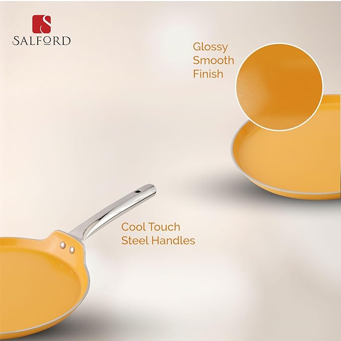 Salford Forged Ceramic Non-stick Tava With Tubular Ss Handle | Induction & Gas Ready | Mustard Yellow - 280mm