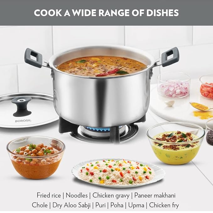 Borosil Cookfresh Tri-ply Stainless Steel Cook & Serve Casserole With Lid | Induction Friendly | 2.8 Litres | 20 Cm