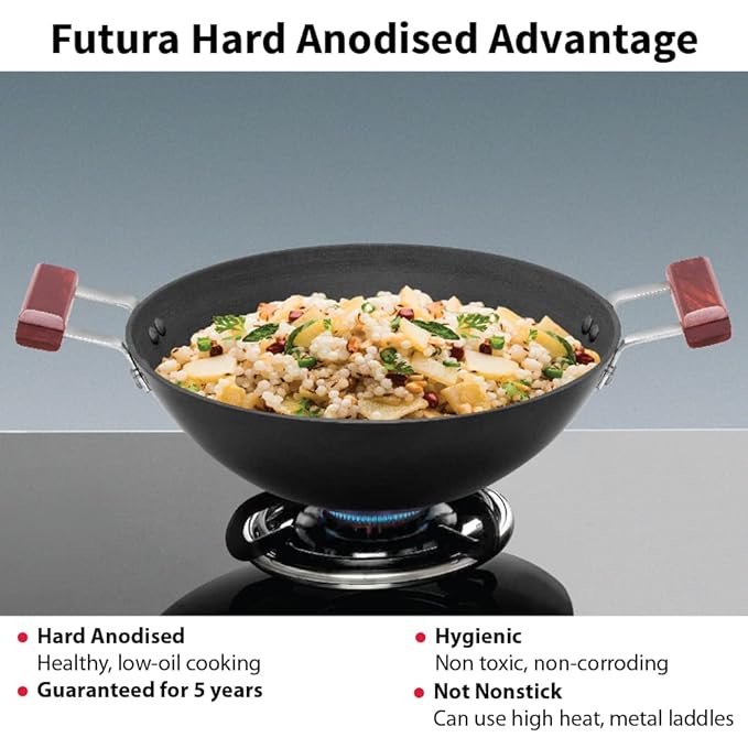 Hawkins Futura 3 Litre Deep Fry Pan Hard Anodised Kadai Flat Bottom Kadhai