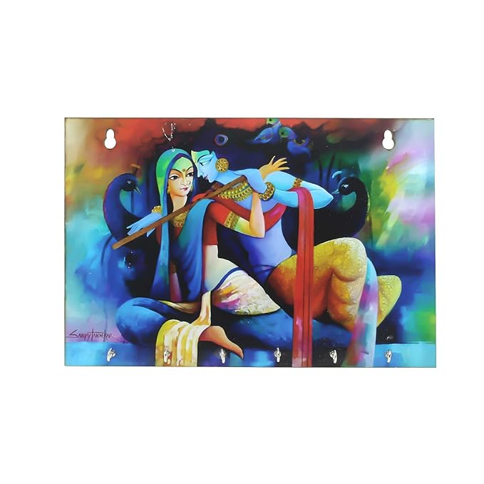 Ecraftindia Radhe Krishna Theme Wooden Key Holder With 6 Hooks